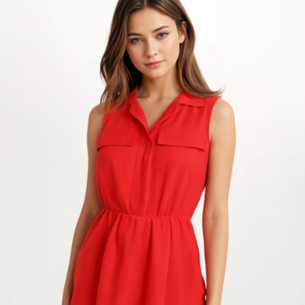 Womans Size Small Cherry Red Dress With Collar And Smocked Waistline